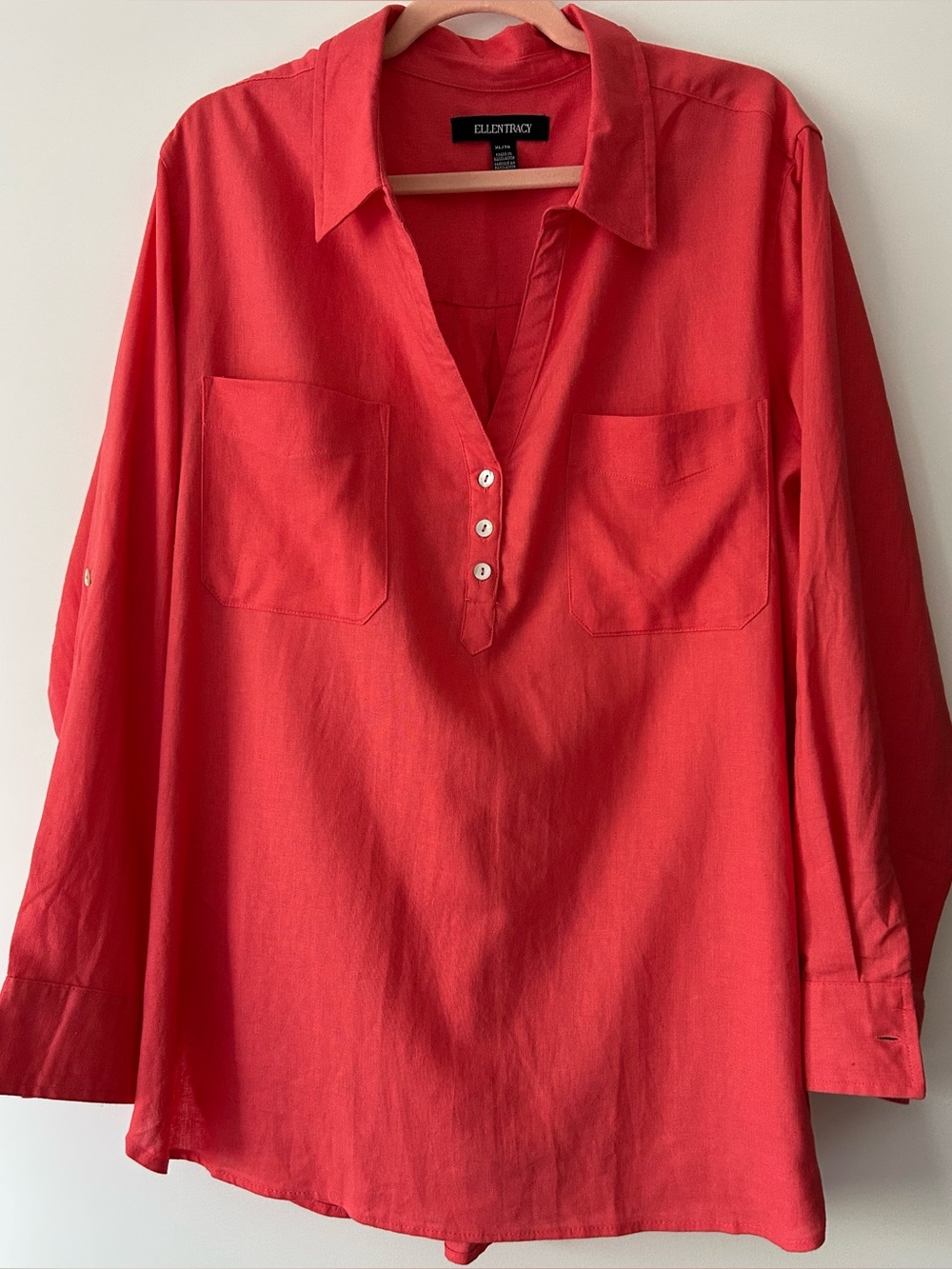 Ellen Tracy Coral Linen Popover Tunic Blouse w. Roll-Tab Sleeves